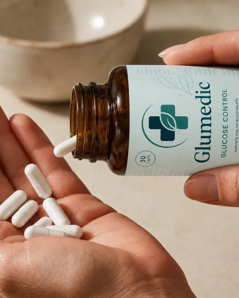 Glumedic capsules poured from the bottle into an open hand